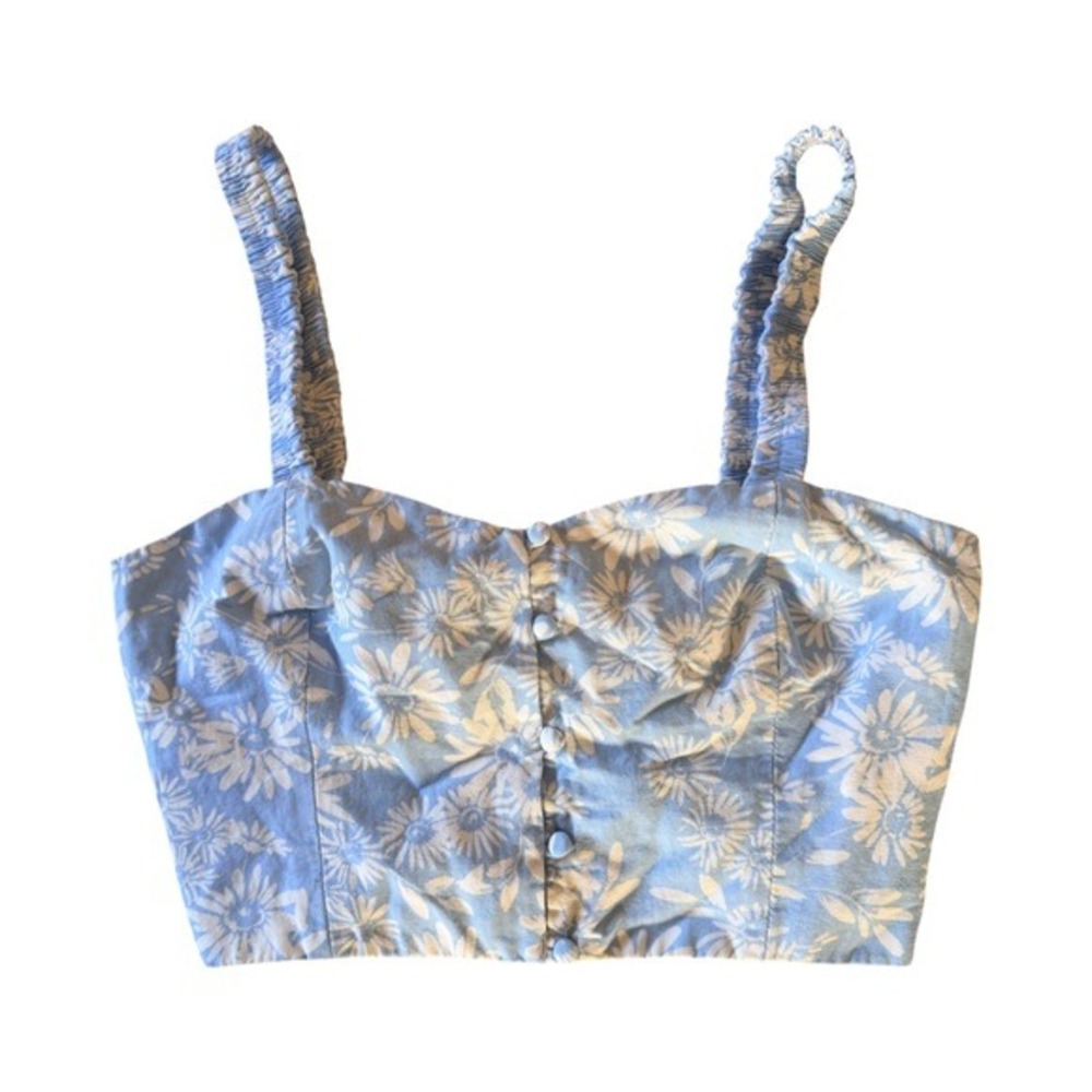 ZARA Blue & White Floral Smocked Crop Top | Cotton Bustier Tank | Size L - Picture 2 of 5
